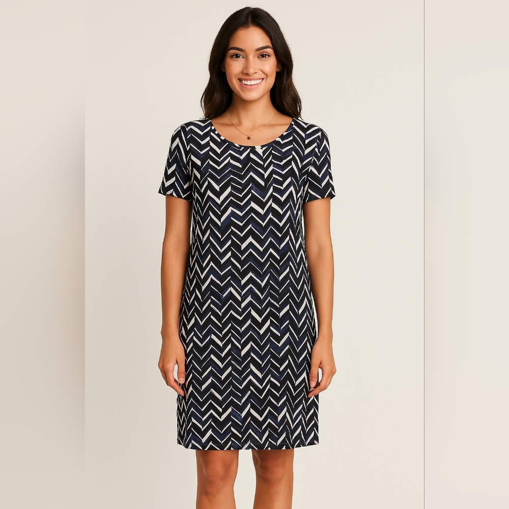 #BISHOP Black White Blue Chevron Print T-Shirt Dress Size XS Made in USA